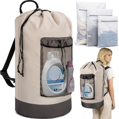 150L Laundry Bag Backpack with 3 Sizes Mesh Wash Bags and Shoulder Straps Foldable Clothes Hamper Bag with Drawstring Closure for College, Apartment, Laundromat(Beige) - color: Beige