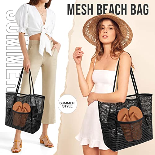 KPX Beach Bag with Mini Pocket, Summer Beach Tote Bags for Women Large Foldable Mesh Swimming Pool Travel Bags - Sandproof - color: Black