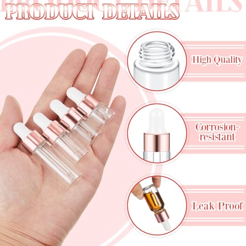 Didaey 20 Pcs Mini Glass Oil Dropper Bottle Bulk, Clear Essential Small Empty Bottles Sample Containers Perfume Liquid Vials with Cap for Traveling (1ml,2ml,3ml,5ml,Rose Gold) - color: Rose Gold, size: 1ml, 2ml, 3ml, 5ml