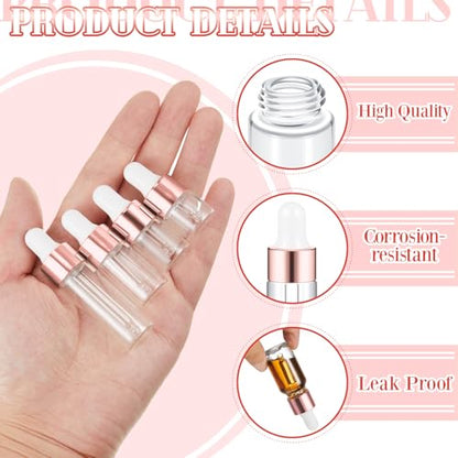 Didaey 20 Pcs Mini Glass Oil Dropper Bottle Bulk, Clear Essential Small Empty Bottles Sample Containers Perfume Liquid Vials with Cap for Traveling (1ml,2ml,3ml,5ml,Rose Gold) - color: Rose Gold, size: 1ml, 2ml, 3ml, 5ml