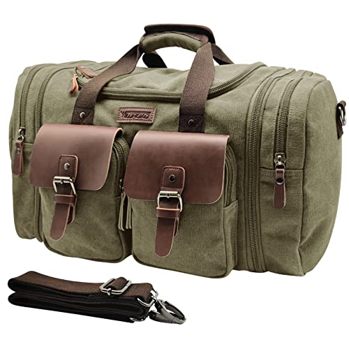 Wildroad 50L Travel Duffel Bag, Expandable Canvas Genuine Leather Duffle Bag Upgraded Overnight Weekender Carry on Bag - color: Army Green, size: Large-50L Duffle Bag