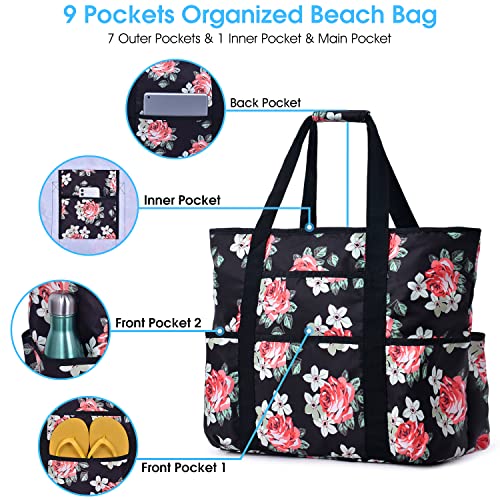 Becokan Beach Bags for Women Large Beach Tote Bag with Zipper Pockets Beach Bag Waterproof Sandproof Travel Nurse Tote Bag - color: Flowers