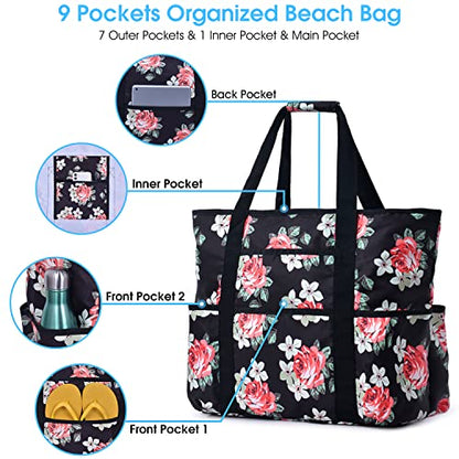 Becokan Beach Bags for Women Large Beach Tote Bag with Zipper Pockets Beach Bag Waterproof Sandproof Travel Nurse Tote Bag - color: Flowers