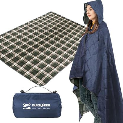 DUKUSEEK Large Outdoor Blanket, Camping Blankets for Cold Weather, Waterproof Windproof Hooded Stadium Blanket 79"x59" Quilted with Extra Thick Fleece, Great for Camping, Picnic, Beach, Car, Dogs - color: Navy Blue Outer With Blue Plaid Fleece