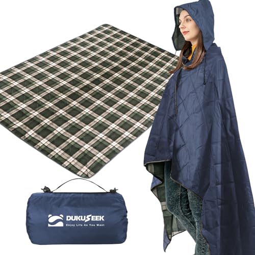 DUKUSEEK Large Outdoor Blanket, Camping Blankets for Cold Weather, Waterproof Windproof Hooded Stadium Blanket 79"x59" Quilted with Extra Thick Fleece, Great for Camping, Picnic, Beach, Car, Dogs - color: Navy Blue Outer With Blue Plaid Fleece