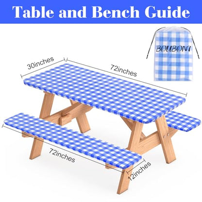3 Pcs Set Fitted Picnic Table Cover with Bench Covers Vinyl Camping Picnic Table Cloth Flannel Backing for 6ft Tables Camping Outdoor (Blue Checked, 30 x 72 Inches) - color: Blue and White Plaid