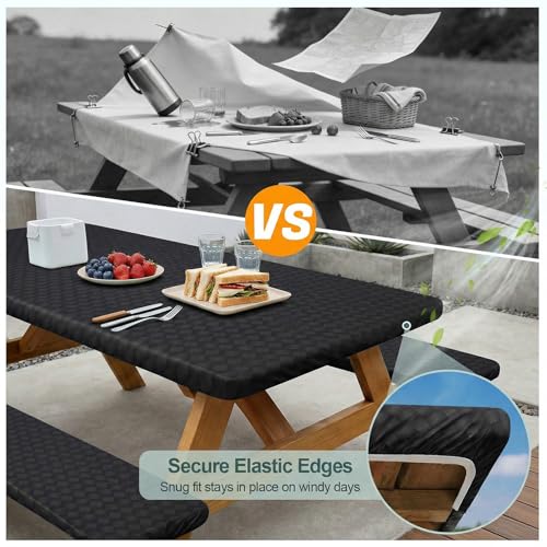 Play Tailor Picnic Table Cover with Bench Covers Camping Essentials Waterproof Windproof Camping Tablecloth with Drawstring Bag, Fitted Rectangle Tables and Seats, 72in, Black - color: Black, size: 72in