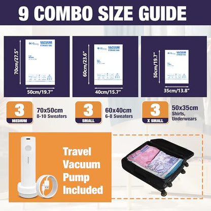 Travel Vacuum Bags with Electric Pump, Vacuum Travel Bags for Luggage and Suitcase, Combo 9 Pack - size: 9-combo
