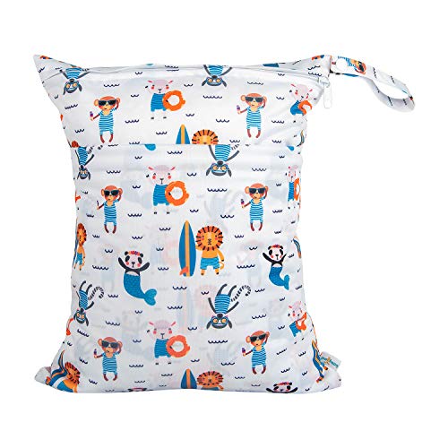 babygoal Wet Dry Bags for Baby Cloth Diapers, Washable Travel Bags, Beach, Pool, Gym Bag for Swimsuits & Wet Clothes with Two Zippered Pockets 3 Pack, 3LN12 - color: Monkey&Rocket&Leaves