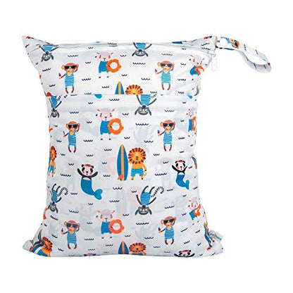 babygoal Wet Dry Bags for Baby Cloth Diapers, Washable Travel Bags, Beach, Pool, Gym Bag for Swimsuits & Wet Clothes with Two Zippered Pockets 3 Pack, 3LN12 - color: Monkey&Rocket&Leaves