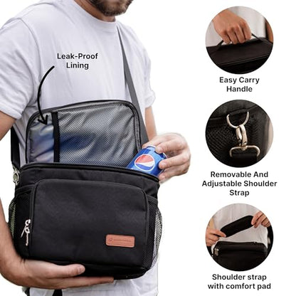 Carrywell (Not Made In China) Insulated Lunch Bag For Men, Men's Lunch Box, Leakproof, Collapsible, Soft Sided Cooler W/Adjustable Shoulder Strap, Black - color: Black