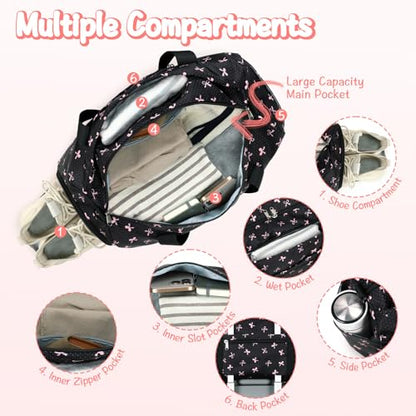 Gym Bag Sports Duffle Bag with Wet Pocket Weekender Overnight Bag with Waterproof Shoe Compartment for Girls Kids Women Travel Dance Yoga Workout Bag (Bow Pink-Black) - color: Bow Pink-Black