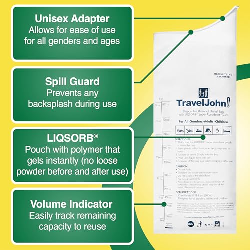 TravelJohn Disposable Urinal Bags – Road Trip Essentials for Men, Women & Kids – Odorless Leakproof Portable Urine Bags – Ideal for Camping, Emergencies & Long Car Rides (TJ1A-C) - style: 6 Pack