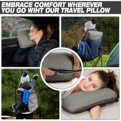 alkamto Travel & Camping Comfortable Memory Foam Pillow – Easy to Carry Portable Bag – Temperature Regulating Pillow Case (Grey) - size: Grey Travel