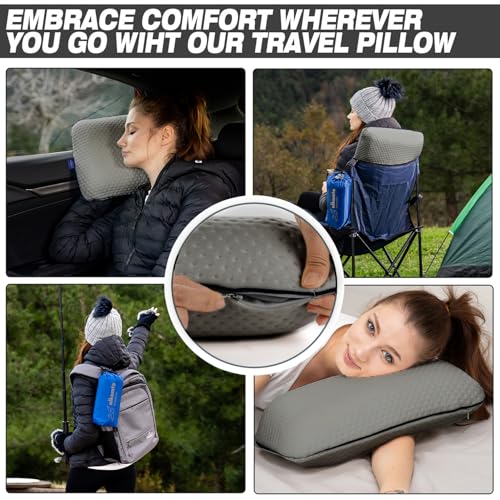 alkamto Travel & Camping Comfortable Memory Foam Pillow – Easy to Carry Portable Bag – Temperature Regulating Pillow Case (Grey) - size: Grey Travel