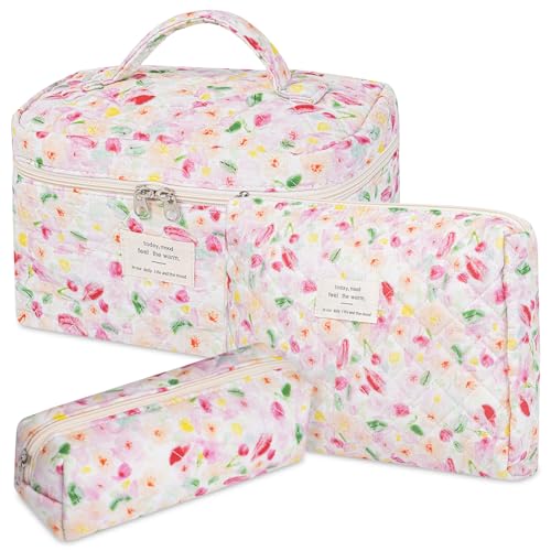 senbowe Floral Makeup Bag, 3 Pack Large Cotton Quilted Makeup Bag Set, Cute Floral Coquette Aesthetic Toiletry Bag Make Up Cosmetic Bag for Women, Toiletry Travel Make Up Organizer Bag - color: Colorful Flower