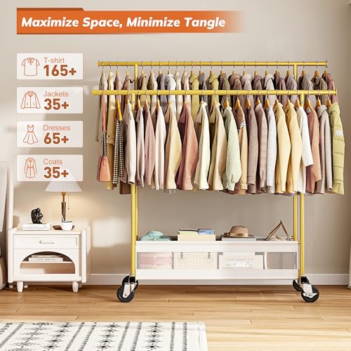 Clothes Rack, Double Rods Clothing Rack, Clothing Racks for Hanging Clothes, Rolling Clothes Rack with Storage Basket & Heavy Duty Wheels, Garment Rack for Bedroom, Laundry Room, Gold - color: Gold