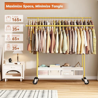 Clothes Rack, Double Rods Clothing Rack, Clothing Racks for Hanging Clothes, Rolling Clothes Rack with Storage Basket & Heavy Duty Wheels, Garment Rack for Bedroom, Laundry Room, Gold - color: Gold
