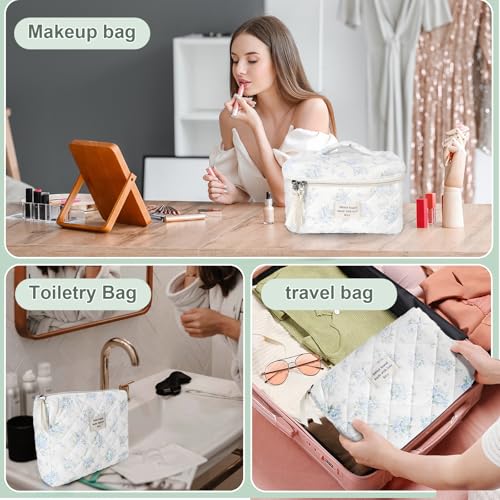 GISMTR 3Pcs Cotton Quilted Makeup Bag Large Travel Cosmetic Bag Coquette Makeup Pouch Cute Aesthetic Floral Toiletry Bag for Women Girls (flower-T) - color: flower-T
