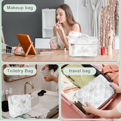 GISMTR 3Pcs Cotton Quilted Makeup Bag Large Travel Cosmetic Bag Coquette Makeup Pouch Cute Aesthetic Floral Toiletry Bag for Women Girls (flower-T) - color: flower-T