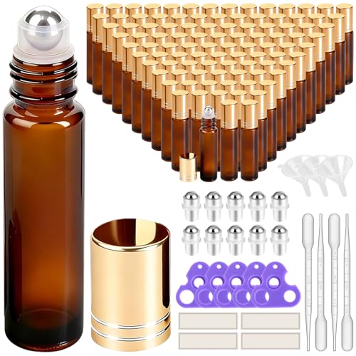 PrettyCare Set of 120, Bulk 10 ml Essential Oil Roller Bottles with Stainless Steel Roller Ball - Refillable Leak-proof Empty Thick Amber Glass Roll on Bottles with Golden Caps for Travel, Perfume - color: Amber with Golden Cap, size: 120 Pack