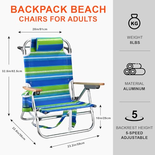2 Pack Backpack Beach Chairs for Adults Capacity 300 LBS Low 5 Position Beach Chair with Pouch Straps Folding Lightweight Reclining Aluminum Wide Lay Flat Single - color: 10in Wood Light Green Stripes 2 Pack