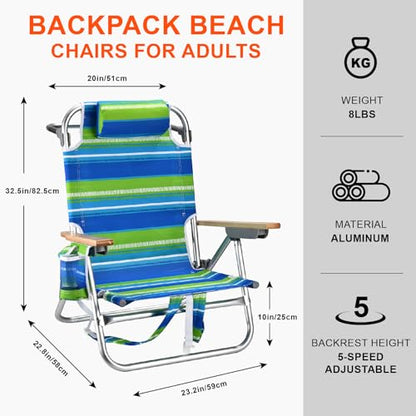 2 Pack Backpack Beach Chairs for Adults Capacity 300 LBS Low 5 Position Beach Chair with Pouch Straps Folding Lightweight Reclining Aluminum Wide Lay Flat Single - color: 10in Wood Light Green Stripes 2 Pack