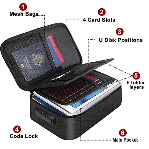 ENGPOW Small Fireproof Storage Organizer Case with Lock(9”x 5.3”x 3.7”), 3-Layer Soft Money Safe Coin Organizer Wallet Bag for Cash,Card,Passport,Check,Bill,Travel Home Organizer Carrying Case,Black - color: Black