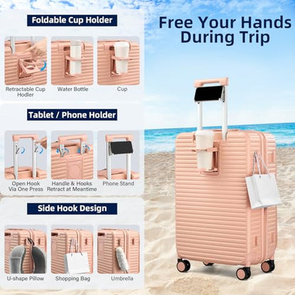 HanTrip Hard Shell Suitcases 24 Inch Check in Luggage with Spinner Wheels Cup Holder, Lightweight Top Opening Expandable Luggage Hard Case Rolling Medium Checked Suitcase with Lock, Pink - color: Pink, size: Expandable 24 Inch