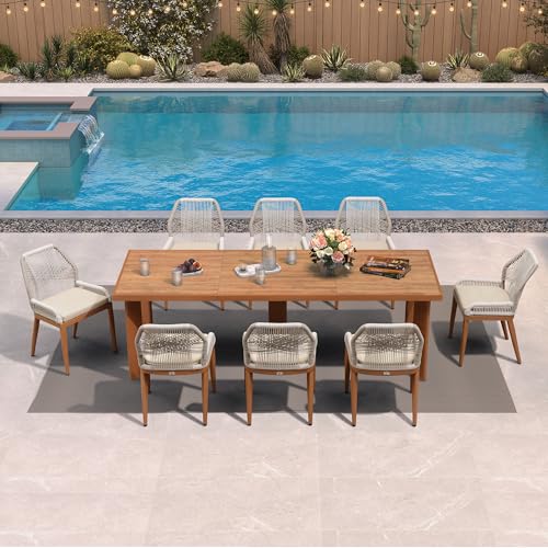 PURPLE LEAF 9 Pieces Dining Set Patio Metal Rectangular Table and Wicker Rattan Chairs for Outside Porch Garden Kitchen Modern Outdoor Furniture Sets - color: Deep Teak, size: 9 PCS, style: Rectangular