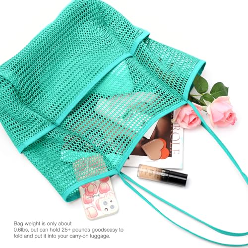 KPX Beach Bag with Mini Pocket, Summer Beach Tote Bags for Women Large Foldable Mesh Swimming Pool Travel Bags - Sandproof - color: Teal