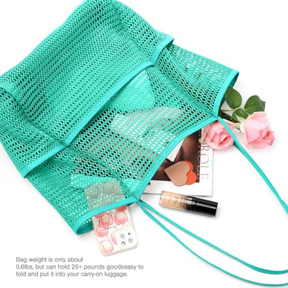 KPX Beach Bag with Mini Pocket, Summer Beach Tote Bags for Women Large Foldable Mesh Swimming Pool Travel Bags - Sandproof - color: Teal