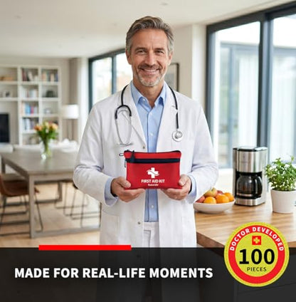 Protect Life Doctor Developed Mini First Aid Kit, 100 Piece Waterproof Emergency Kit for Car, Boat, Camping & Travel, Includes Emergency Blanket, Tourniquet & First Aid Guide - size: 100 Pieces Kit
