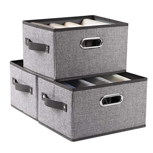 PRANDOM Fodable Storage Bins for Closet [3-pack] Decorative Fabric Storage Baskets Cubes with Leather/Metal Handles for Shelves Bedroom Living Room Grey (11.5x8.5x6.7 Inch) - color: Grey&black Trim, size: Medium(3-Pack)