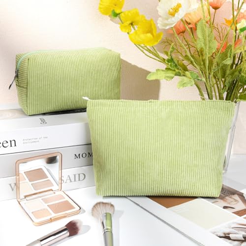 SOIDRAM 2 Pcs Corduroy Makeup Bag Large Cosmetic Bag Toiletry Bag Makeup Pouch Travel Bag Organizer Cute Makeup Brushes Aesthetic Accessories Storage Bag for Women Light Green - color: Corduroy Light Green