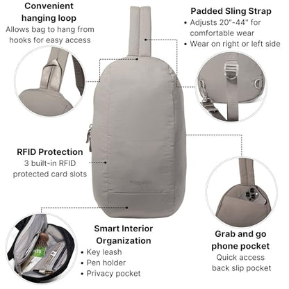 Baggallini Swift Sling - Lightweight 7.25"x 12.5" Crossbody Sling Backpack with Convertible - color: B-lite Silver Sand
