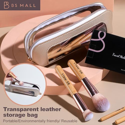 BS-MALL 14 Pcs Makeup Brushes Set with 1 Pcs Makeup Sponge – Essential Foundation Powder Concealers, Eye Shadows, Blush Makeup Brushes with Travel Makeup Case (Bamboo) - color: Bamboo