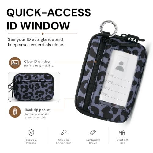 YDF Small Nylon Wristlet Wallet for Women, Minimalist Zip Keychain Coin Purse Card Case with Clear ID Window, Water-Resistant Pouch - color: Charcoal Leopard