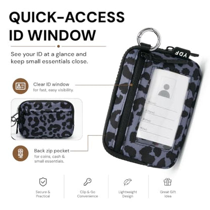 YDF Small Nylon Wristlet Wallet for Women, Minimalist Zip Keychain Coin Purse Card Case with Clear ID Window, Water-Resistant Pouch - color: Charcoal Leopard