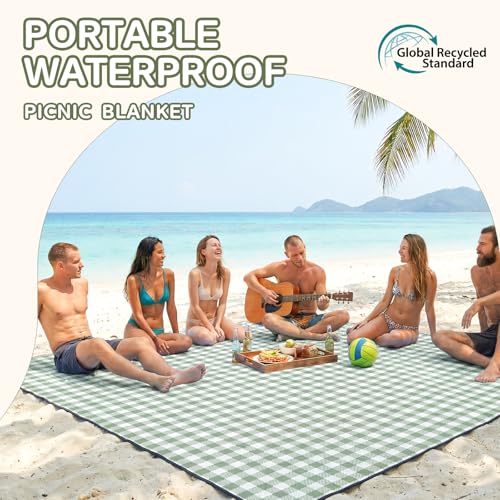 Genovega Waterproof Picnic Blanket Beach Outdoor Camping Mat Rug Extra Large Foldable Cute Big Travel Essential Accessories Gift Park Patio Lawn Garden Grass Play Music Festival Concert Must Have - color: Checkered Green