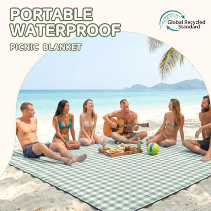 Genovega Waterproof Picnic Blanket Beach Outdoor Camping Mat Rug Extra Large Foldable Cute Big Travel Essential Accessories Gift Park Patio Lawn Garden Grass Play Music Festival Concert Must Have - color: Checkered Green
