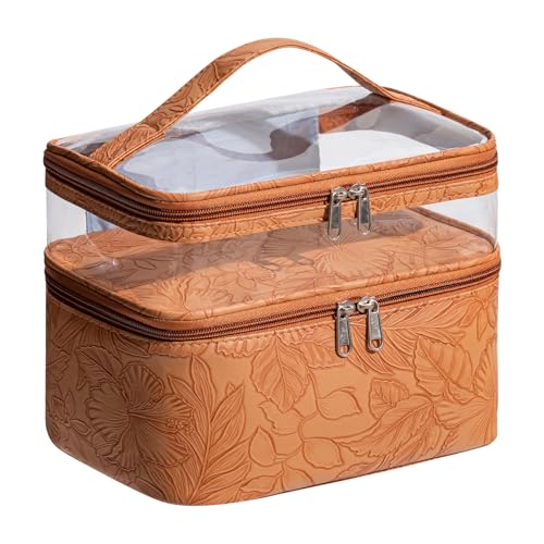 Large Makeup Bag with Brush Storage, Double Layer Cosmetic Bags for Women Girls, Waterproof Leather Floral Toiletry Bag for Women, Travel Makeup Bag Skincare Bag with Zipper & Portable Handle - color: Brown, style: Double-layer