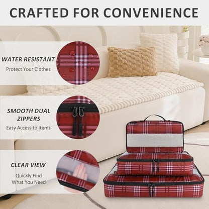 U+U 5 Set Packing Cubes for Travel Essentials Ultralight Luggage Packing Organizers with Laundry Bag and Shoe Bag for Vacation, Business Trip and Camping (Burgundy Checkered) - color: Burgundy Checkered