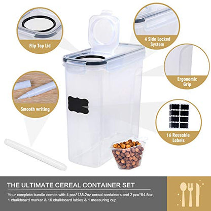 FOOYOO Cereal Containers Storage Set - 6 Piece Airtight Large Dry Cereal Storage Containers(4 * 4L+2 * 2.5L), BPA Free Dispenser Plastic Cereal Storage Containers with 16 Labels & Pen - color: 6 Piece