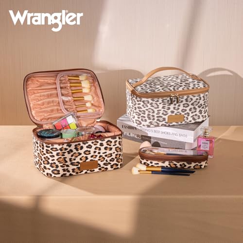 Montana West X Wrangler Travel Makeup Bag 2pcs Set Large Cosmetic Bag with Makeup Brush Holder Portable Make Up Organizer Cute Toiletry Bag with Divider and Handle for Women Leopard - color: Leopard-Khaki