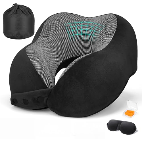 Travel Neck Pillows for Airplanes Memory Foam Neck Pillow for Traveling Adjustable Travel Pillow for Sleeping, Airplane,Train, Car with Eye Mask, Earplugs, Carry Bag