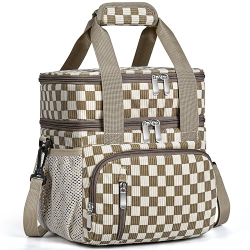 Insulated Lunch Bag for Women, Double Leakproof Lunch Box Soft Cooler Tote with 5 Pockets, 600D Oxford, EVA Lining, Adjustable Strap for Work, Picnic, Beach&Travel- Corduroy Khaki Checkered - color: Corduroy Khaki Grid, size: Double
