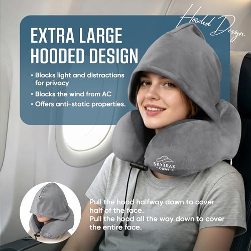 SkytraxComf® Travel Neck Pillow with Hood for Privacy on Long Flights | Memory Foam | Airplane Sleep | Safety-Tested Materials | Extra Large Hood | Chin Support | Earplugs | Washable Cover - color: Light Grey