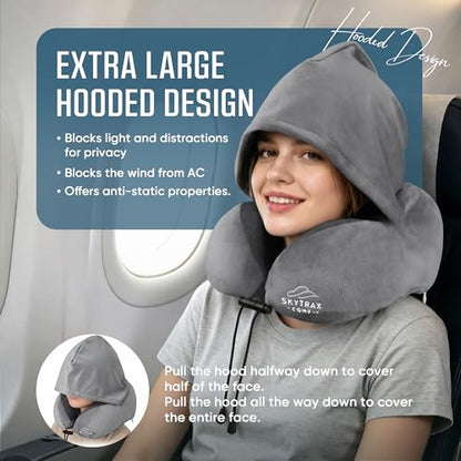SkytraxComf® Travel Neck Pillow with Hood for Privacy on Long Flights | Memory Foam | Airplane Sleep | Safety-Tested Materials | Extra Large Hood | Chin Support | Earplugs | Washable Cover - color: Light Grey