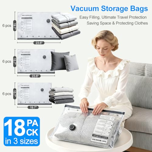 Vacuum Seal Bags 18-Pack with Wireless Pump, 6 Large/6 Medium/6 Sizes, Reusable Storage for Clothes Travel, Luggage & Suitcases, Portable Space Saver - size: 18 COMBO